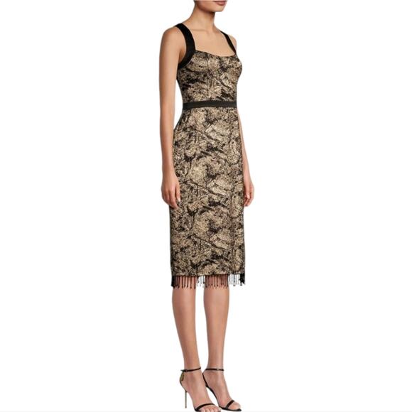 Aidan Mattox Jacquard Scoop Neckline Sleeveless Beaded Fringe Trim Dress Size 0 - Picture 3 of 16